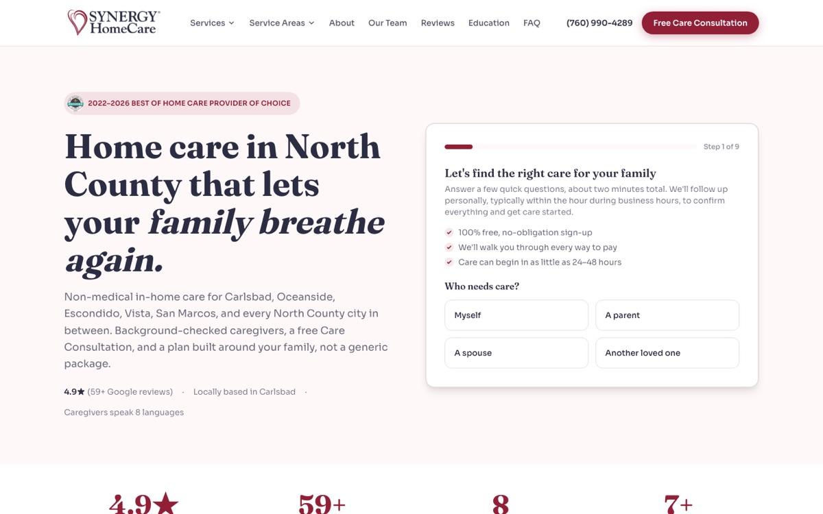 SYNERGY HomeCare of North County website homepage